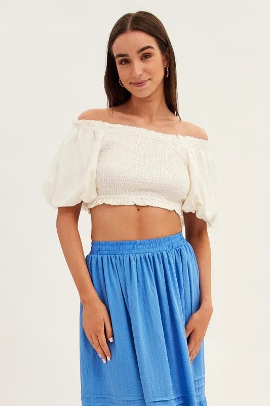 White Shirred Top Volume Short Sleeve Crop Linen Blend sold by Ally Fashion