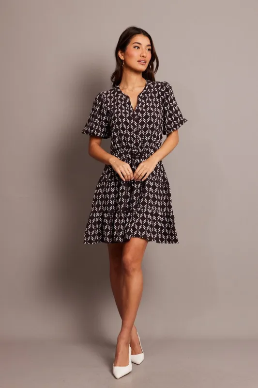 Brown Geo Fit And Flare Dress Puff Sleeve Mini sold by Ally Fashion