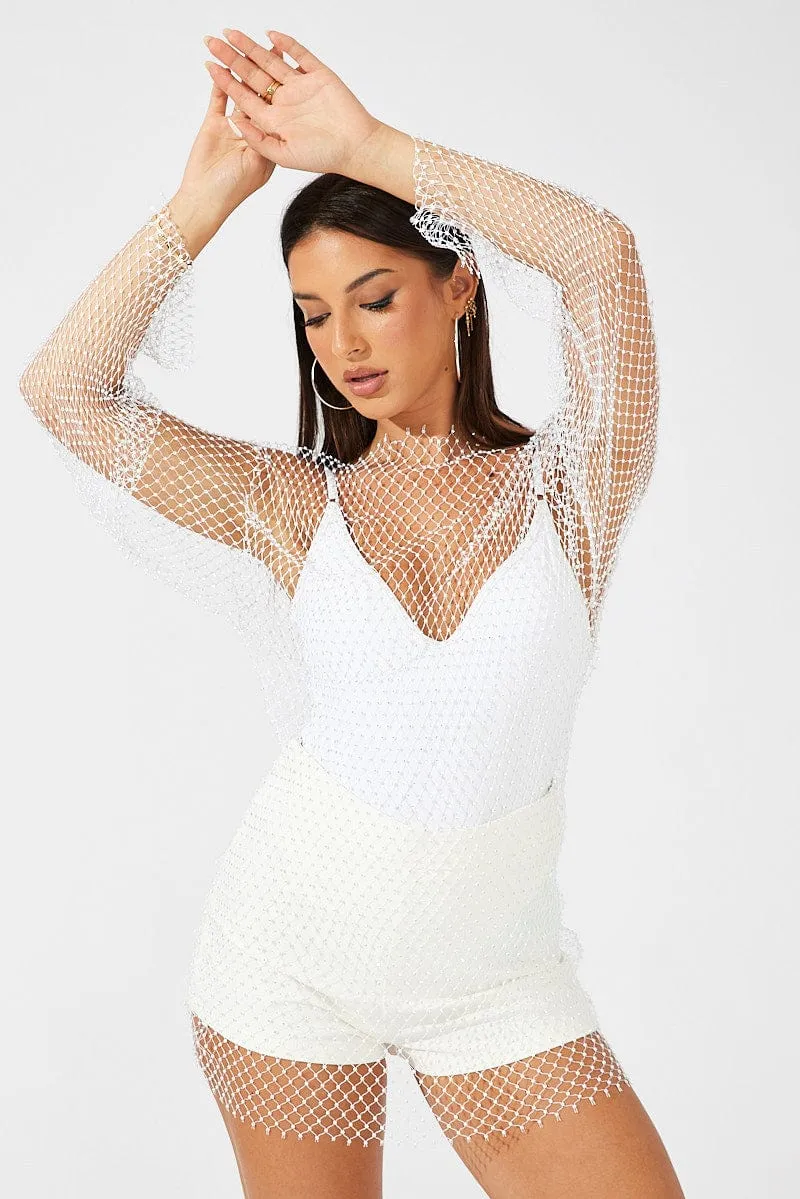 White Rhinestone Mesh Fishnet Dress sold by Ally Fashion