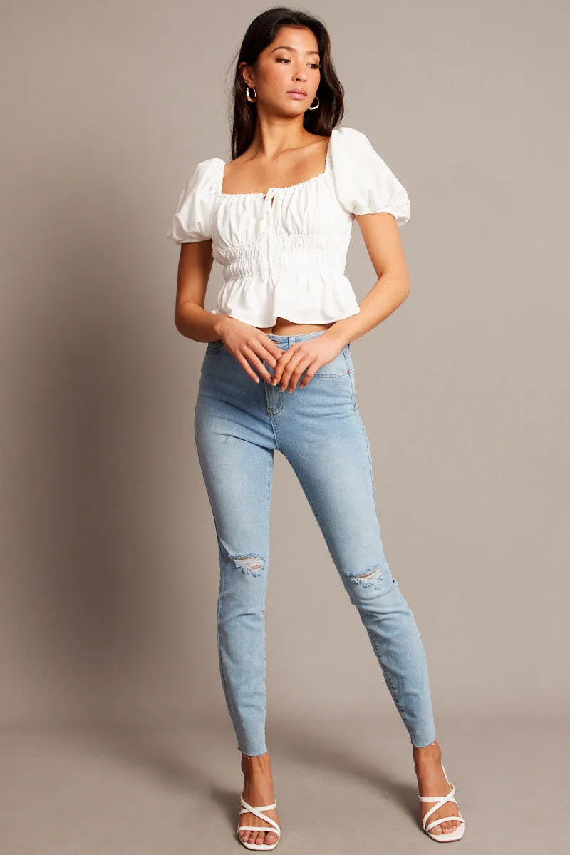White Peplum Top Short Sleeve Ruched sold by Ally Fashion product image thumbnail 2
