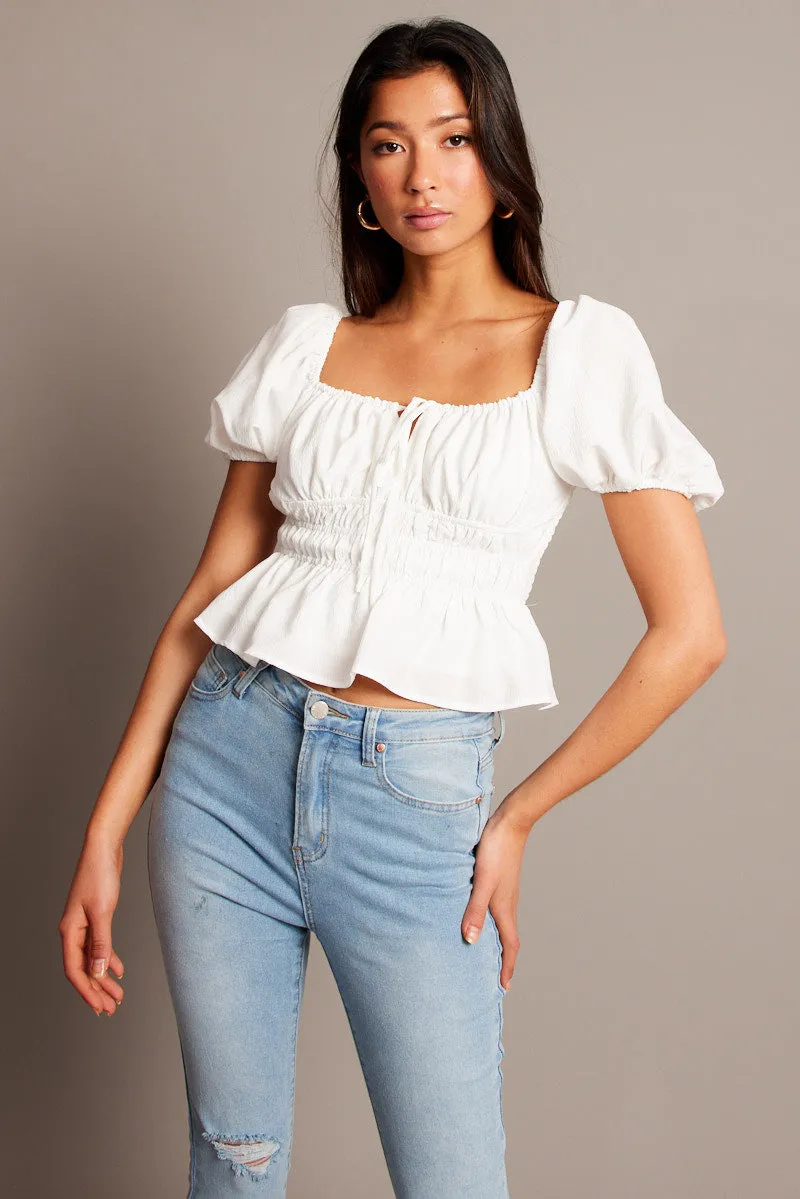 White Peplum Top Short Sleeve Ruched sold by Ally Fashion product image thumbnail 3
