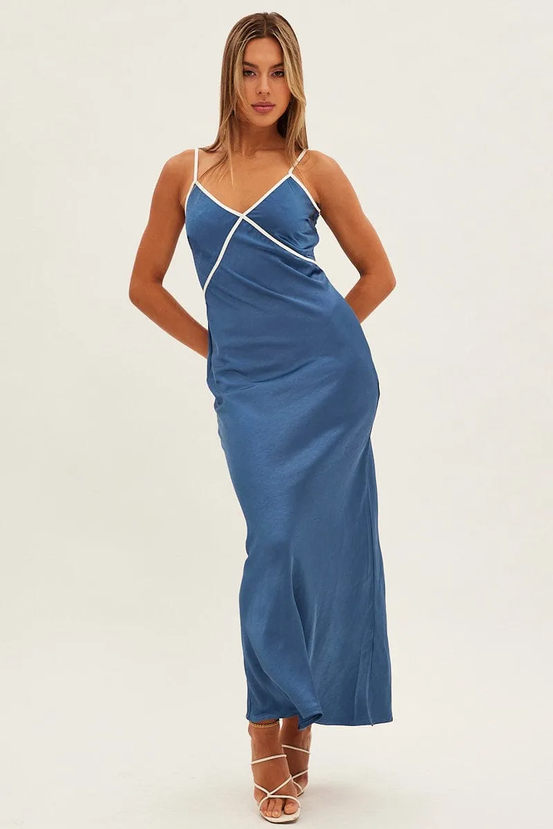 Blue Maxi Dress V Neck Contrast Binding Details Satin sold by Ally Fashion product image thumbnail 3