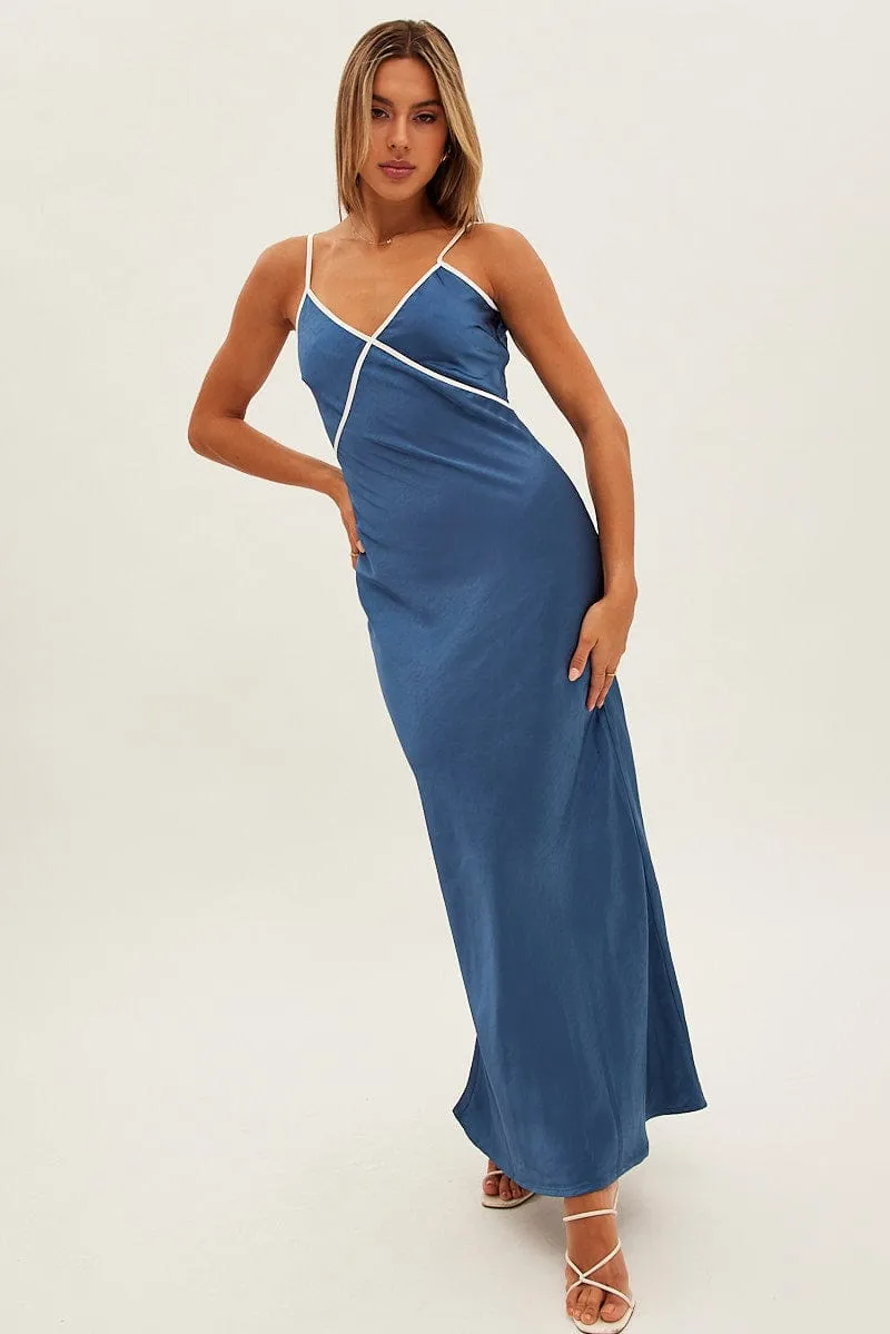 Blue Maxi Dress V Neck Contrast Binding Details Satin sold by Ally Fashion