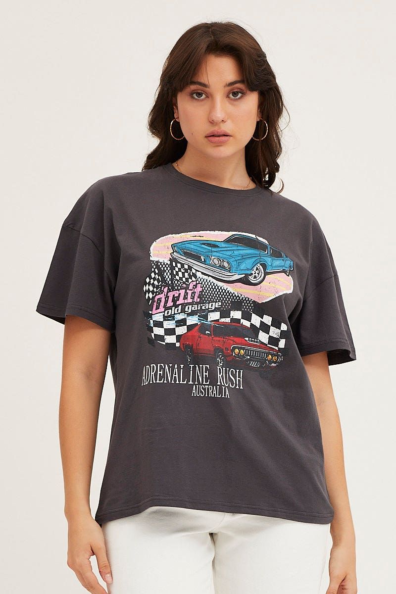 Grey Graphic T Shirt Short Sleeve Crew Neck sold by Ally Fashion