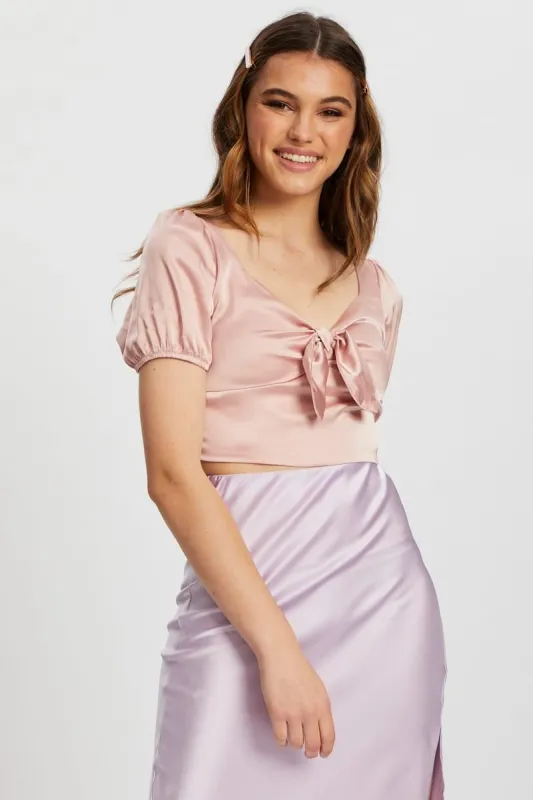 Pink Satin Puff Sleeve Crop Top sold by Ally Fashion