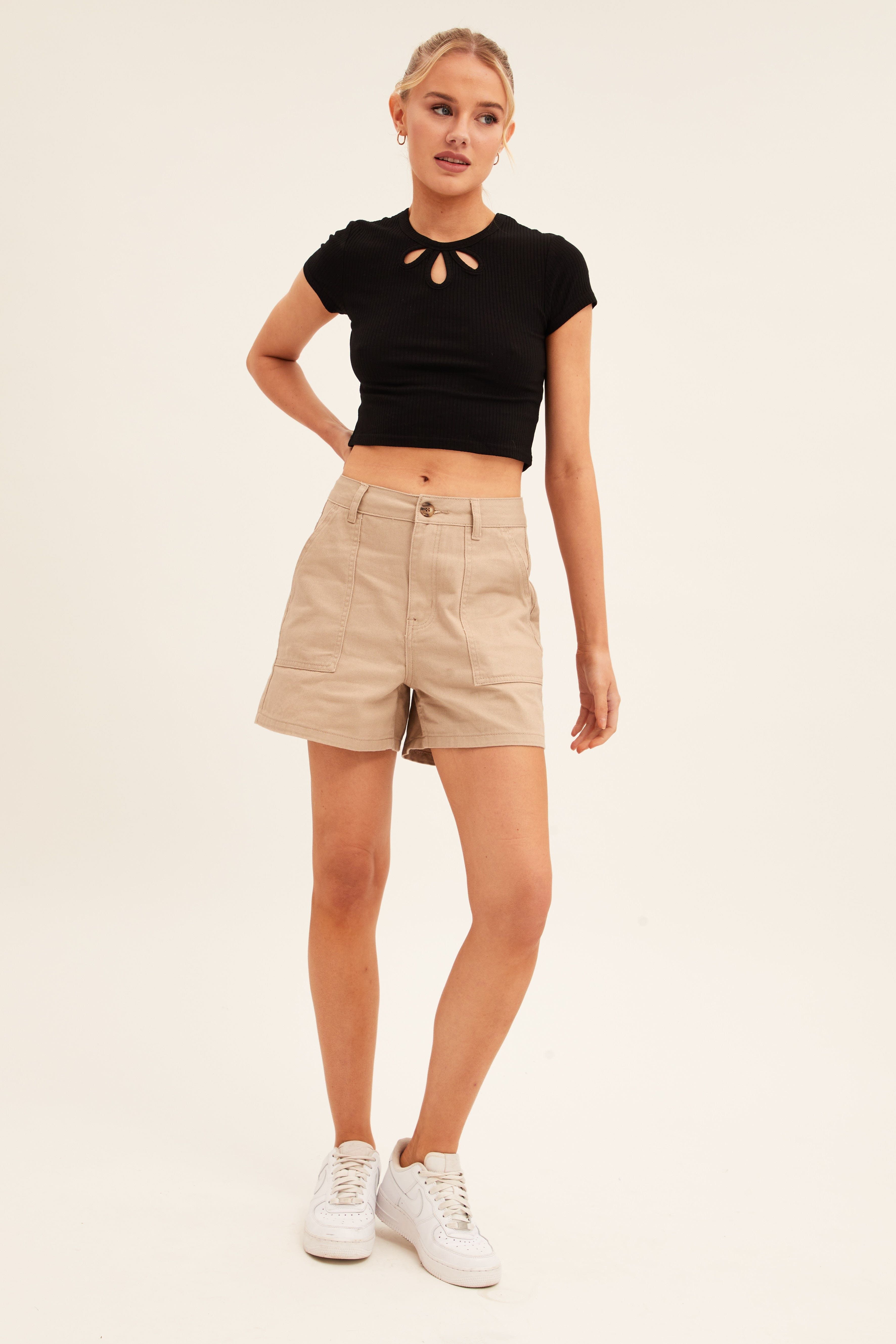 Beige Cargo Short High Waist Cotton Twill sold by Ally Fashion