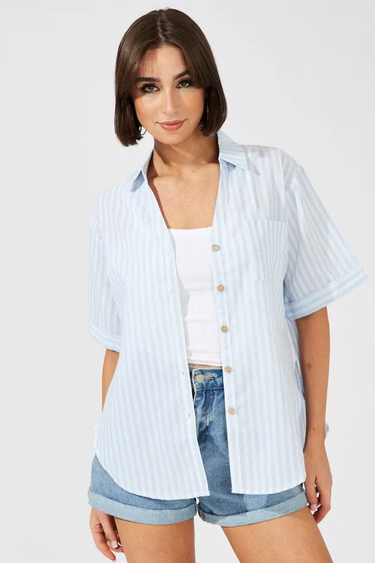 Blue Stripe Shirt Short Sleeve Collared Neck sold by Ally Fashion