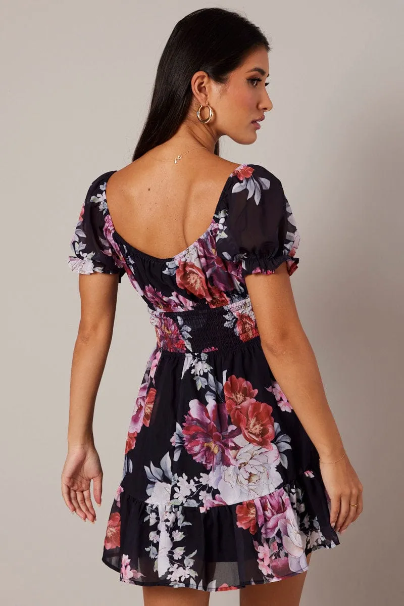Black Floral Fit And Flare Dress Puff Sleeve Mini sold by Ally Fashion product image thumbnail 5