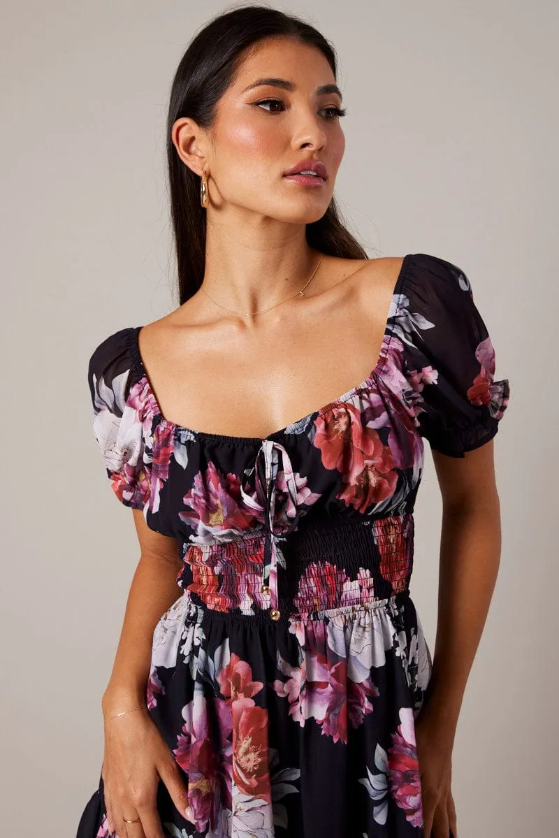 Black Floral Fit And Flare Dress Puff Sleeve Mini sold by Ally Fashion product image thumbnail 2