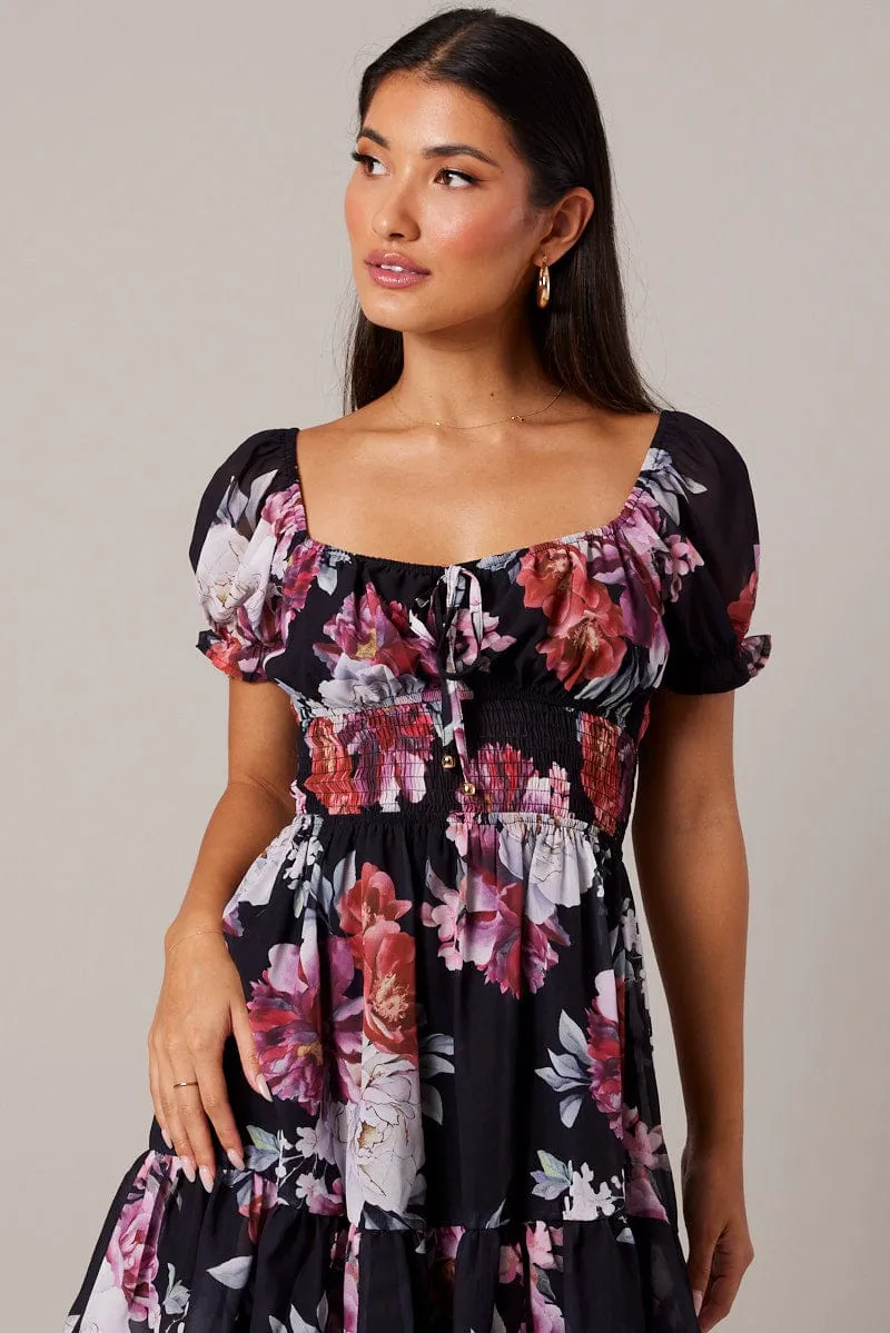 Black Floral Fit And Flare Dress Puff Sleeve Mini sold by Ally Fashion product image thumbnail 3