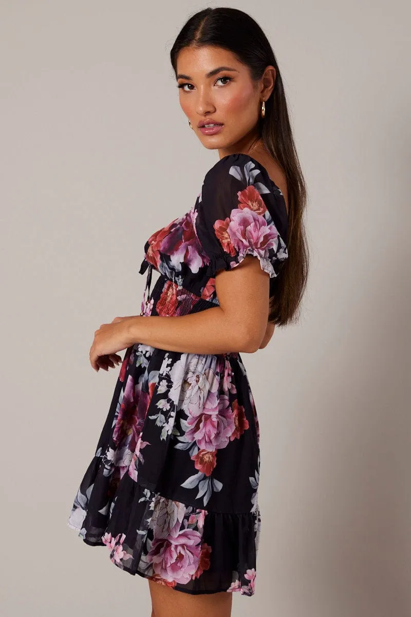 Black Floral Fit And Flare Dress Puff Sleeve Mini sold by Ally Fashion product image thumbnail 4
