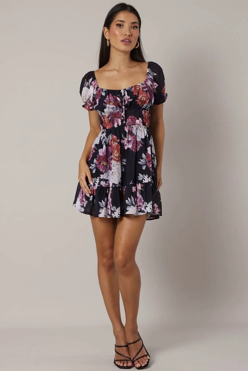 Black Floral Fit And Flare Dress Puff Sleeve Mini sold by Ally Fashion