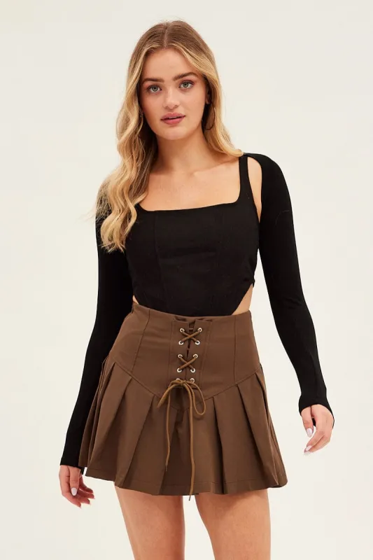 Brown Tie Front Tennis Mini Skirt sold by Ally Fashion