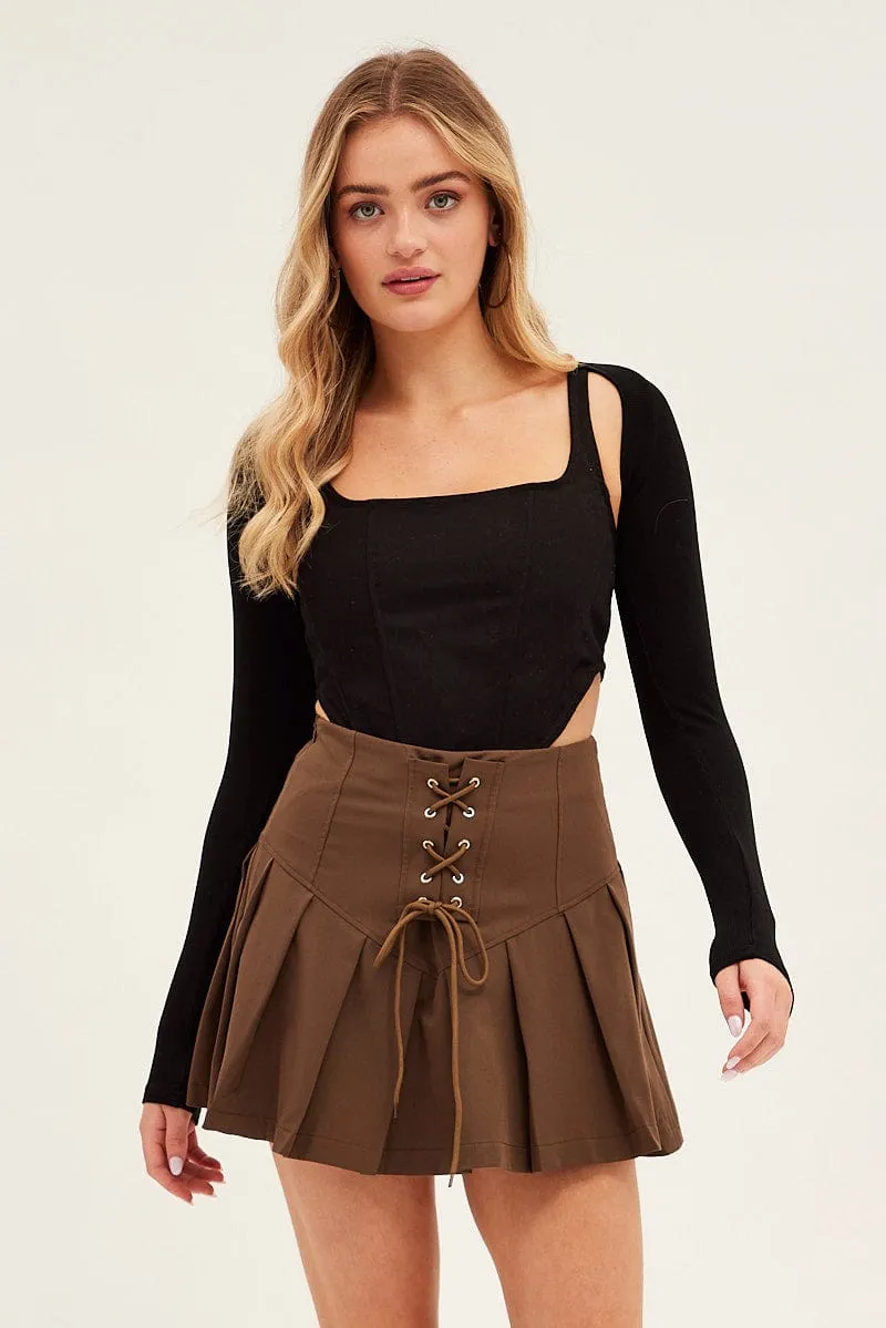 Brown Tie Front Tennis Mini Skirt sold by Ally Fashion