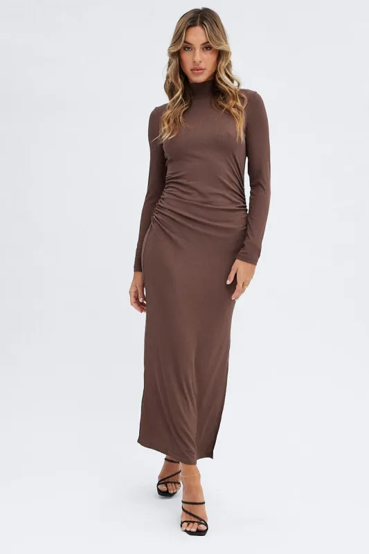 Brown Midi Dress Long Sleeve High Neck Rib Jersey sold by Ally Fashion