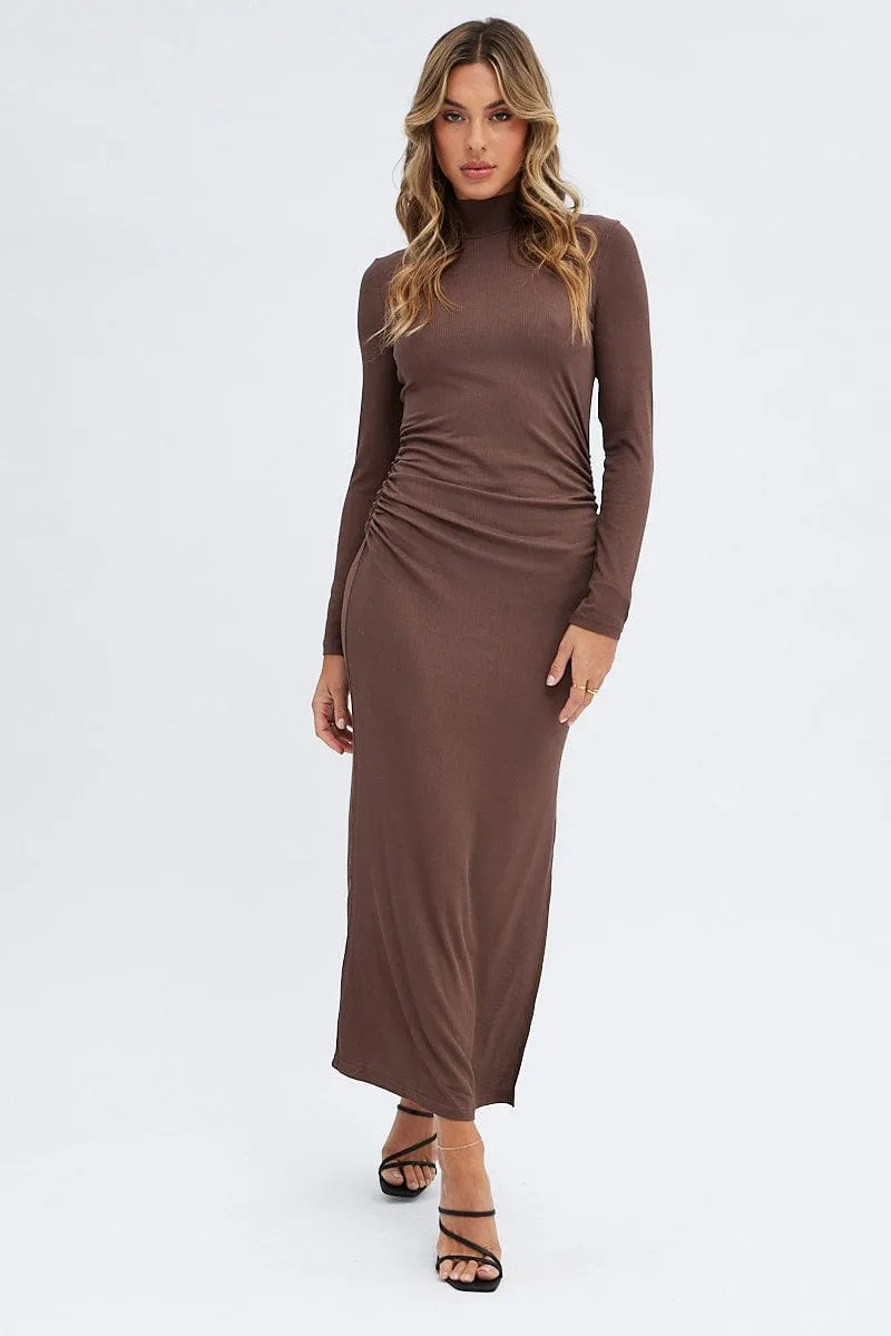 Brown Midi Dress Long Sleeve High Neck Rib Jersey sold by Ally Fashion