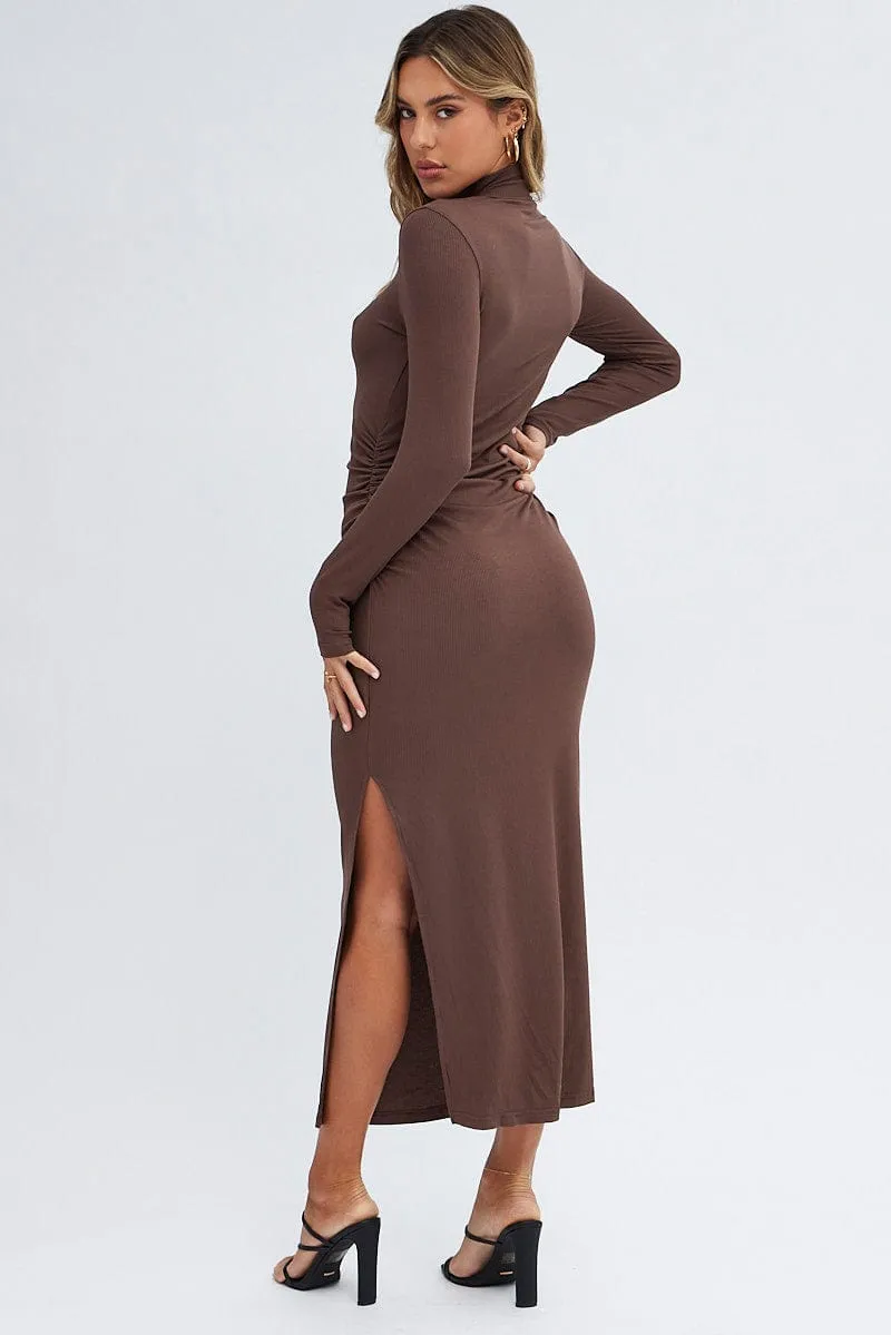 Brown Midi Dress Long Sleeve High Neck Rib Jersey sold by Ally Fashion product image thumbnail 5