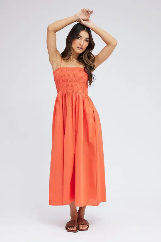 Orange Maxi Dress Shirred Bust Poplin sold by Ally Fashion