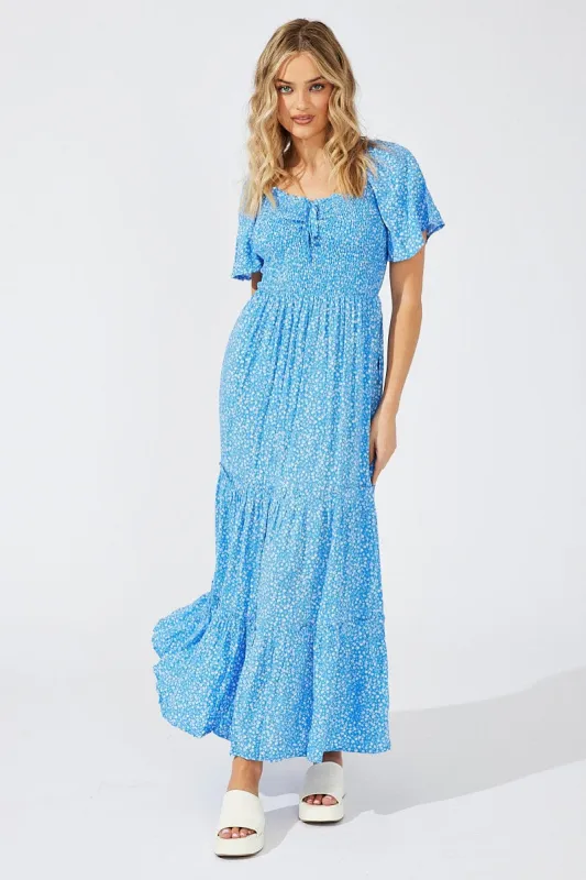 Blue Ditsy Maxi Dress Short Sleeve Shirred sold by Ally Fashion
