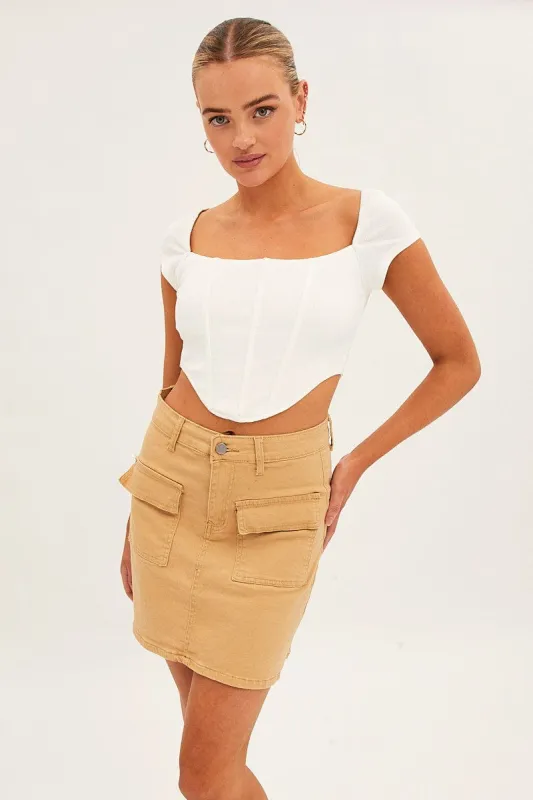 Beige High Rise Cargo Mini Denim Skirt sold by Ally Fashion
