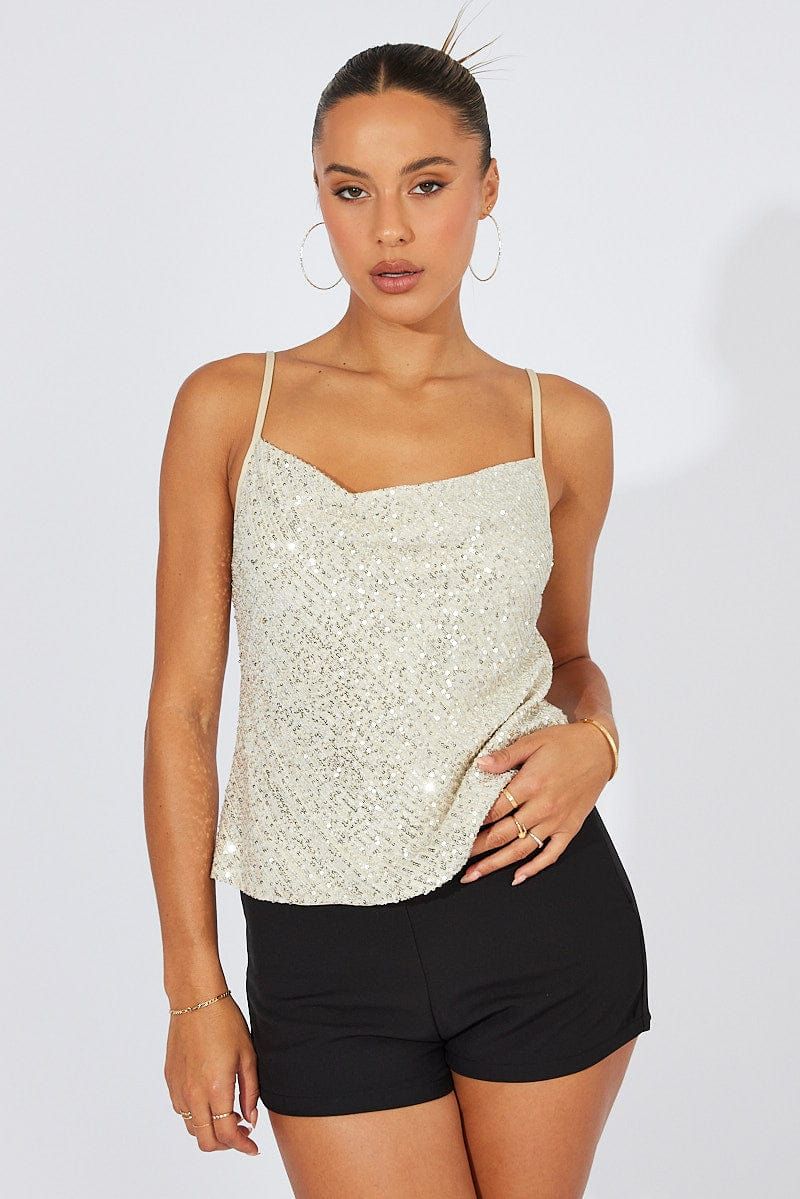 Metallic Sequin Top Sleeveless Cowl Neck Party Singlet sold by Ally Fashion product image thumbnail 3