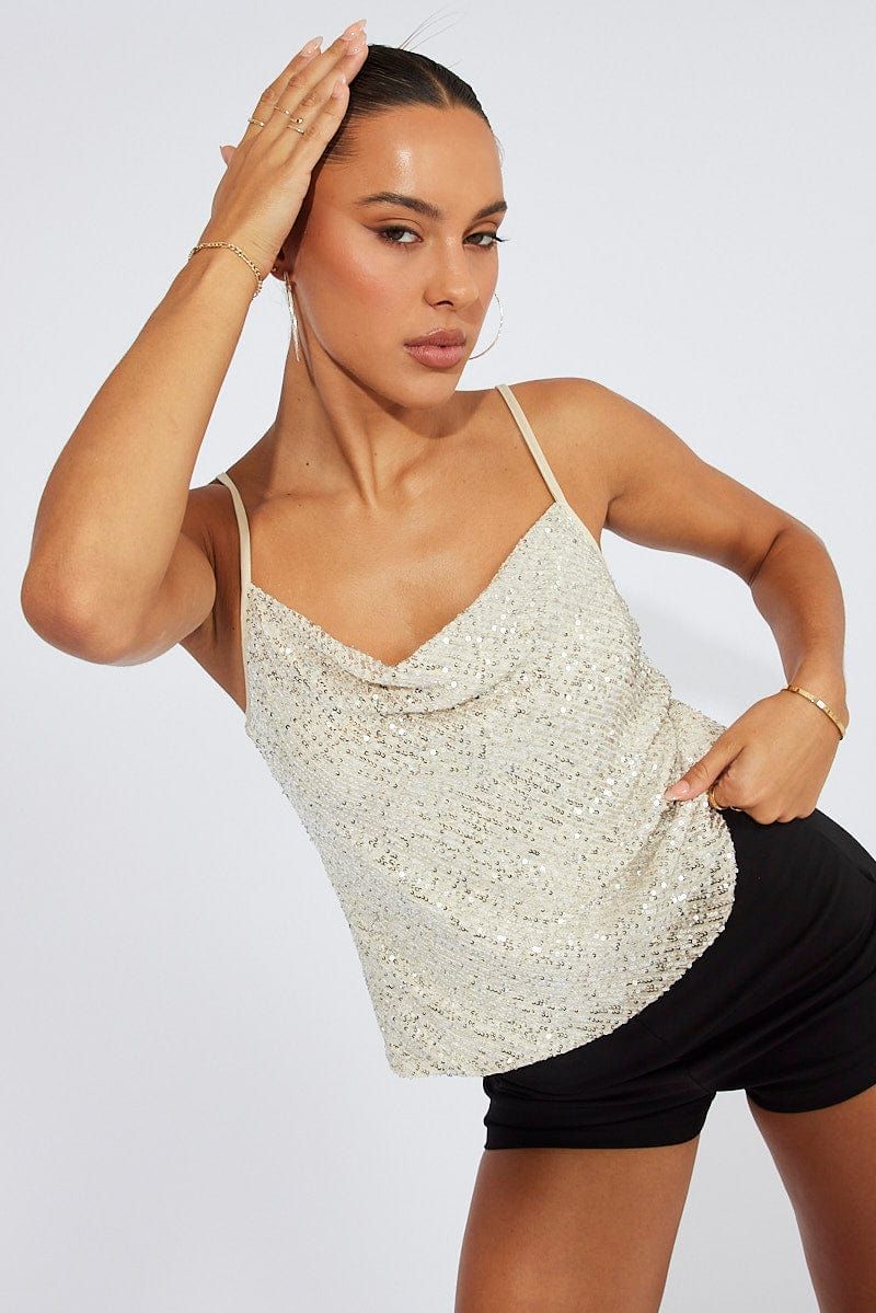 Metallic Sequin Top Sleeveless Cowl Neck Party Singlet sold by Ally Fashion