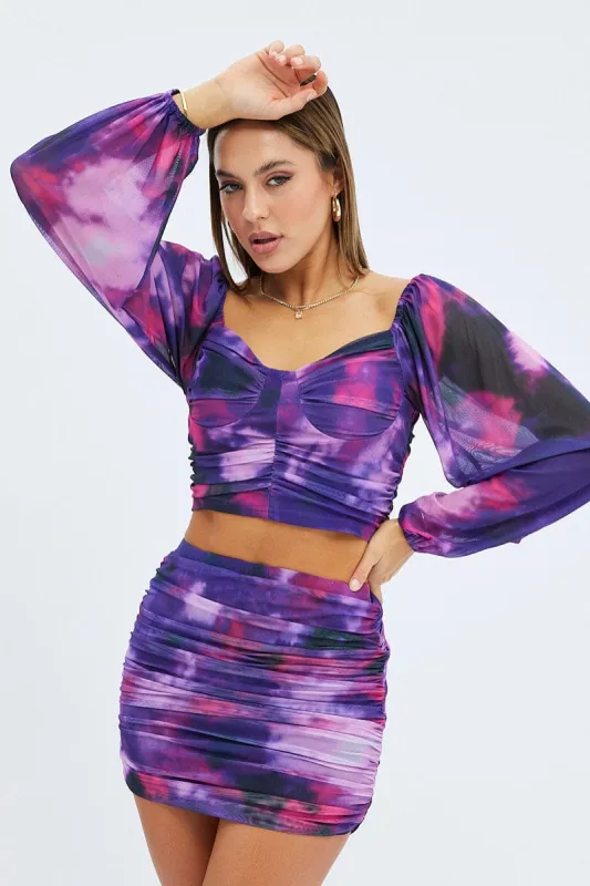 Purple Abstract Top Long Sleeve Abstract Print Mesh sold by Ally Fashion