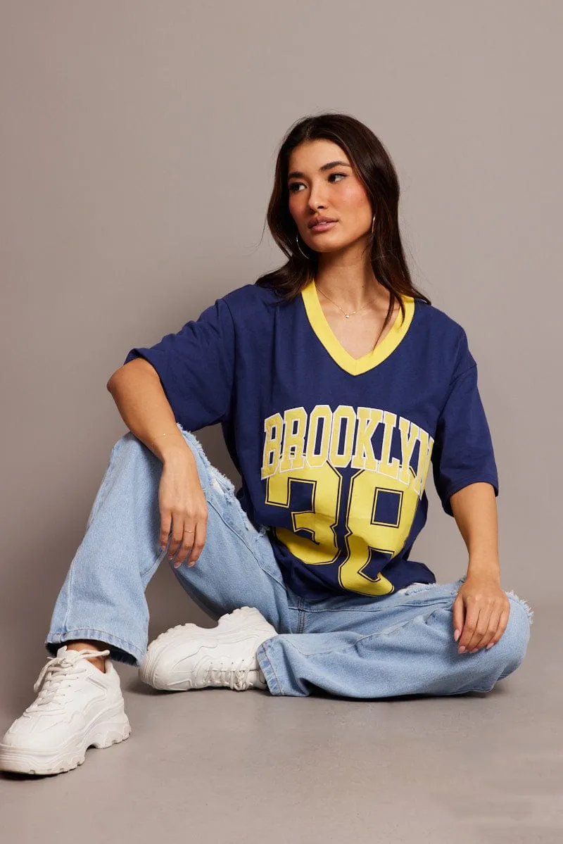 Blue Graphic Tee V Neck Short Sleeve sold by Ally Fashion