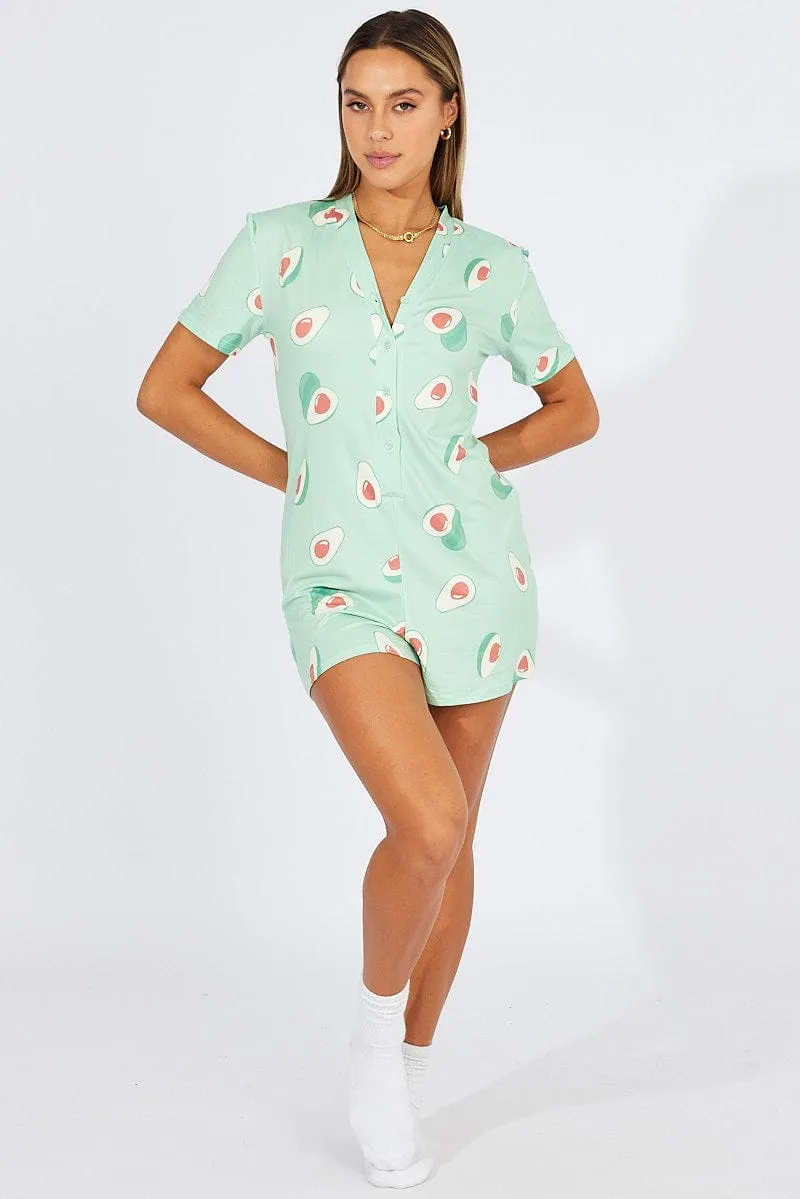 Green Print Avocado Romper Button Through Nightwear Onesie sold by Ally Fashion product image thumbnail 2