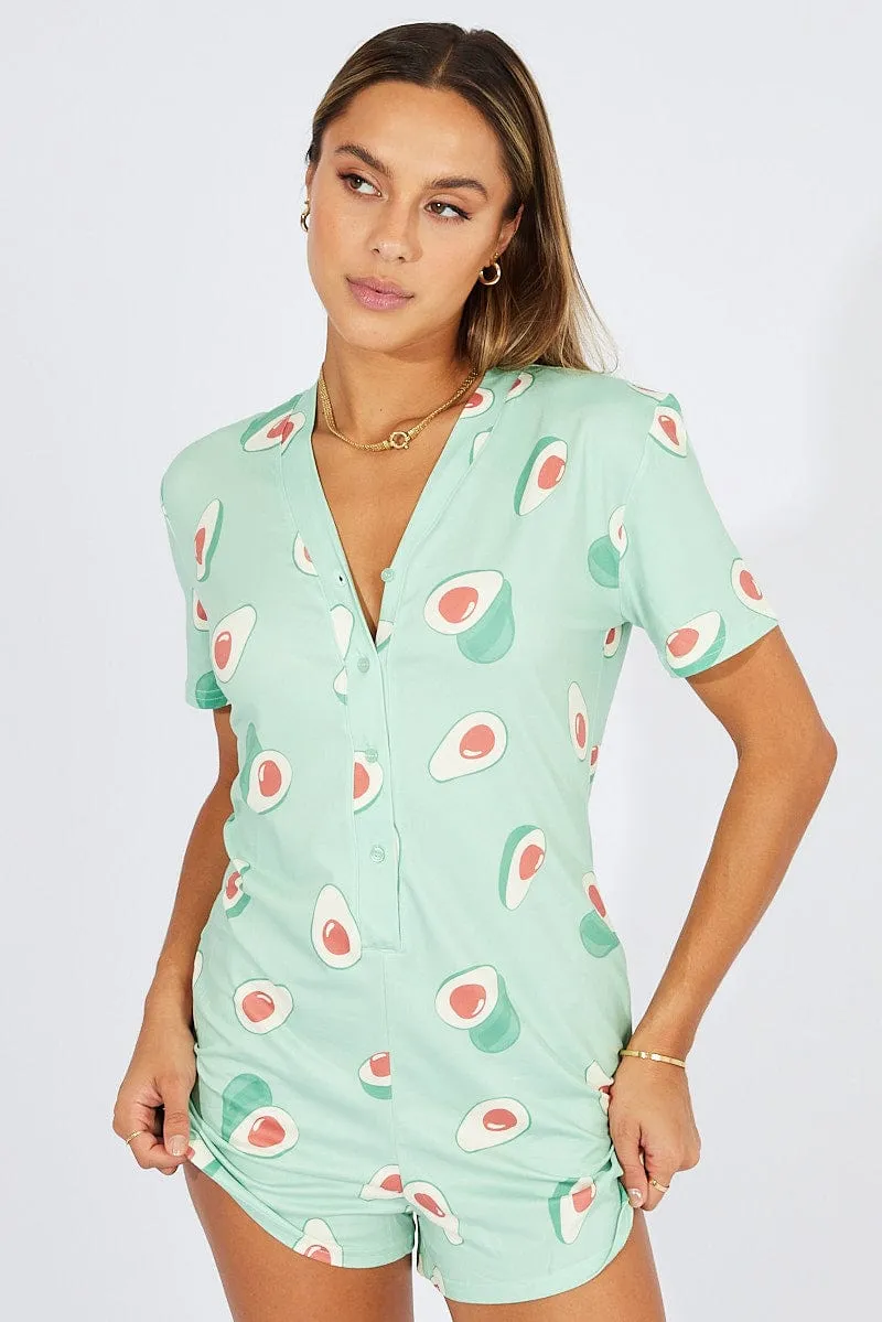 Green Print Avocado Romper Button Through Nightwear Onesie sold by Ally Fashion product image thumbnail 3