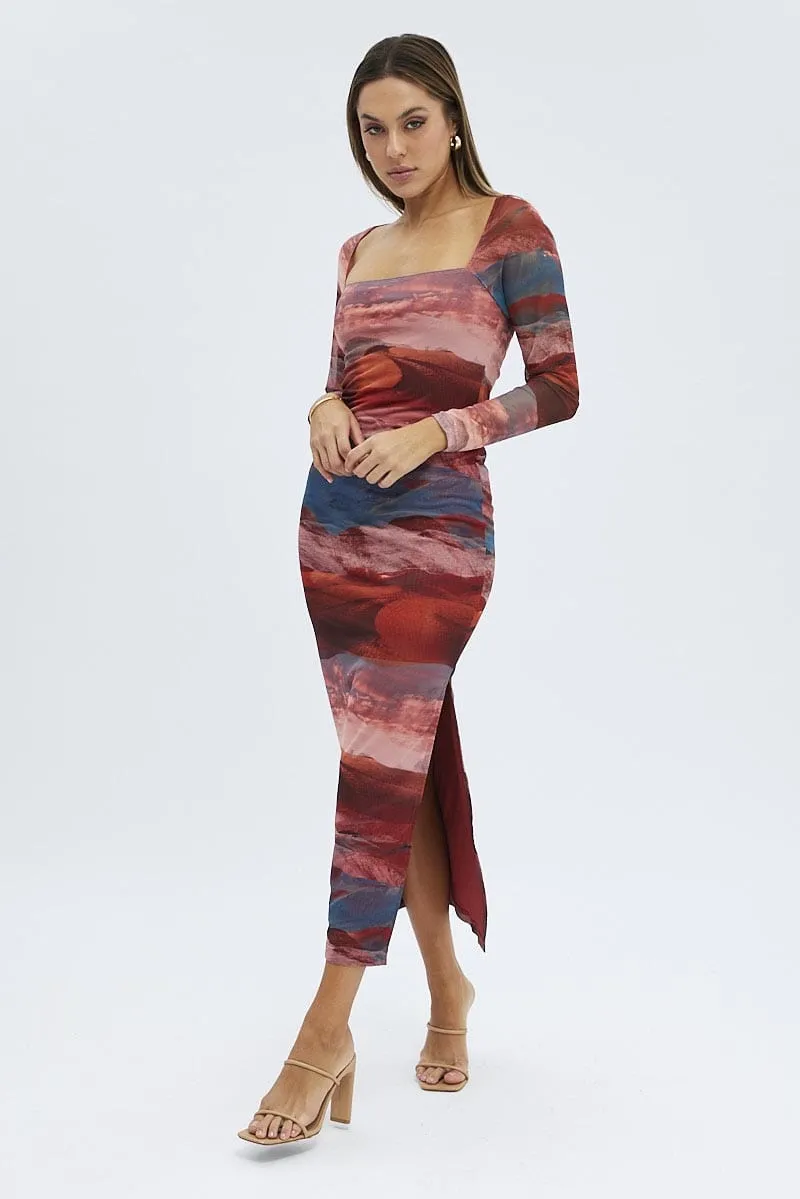 Multi Abstract Maxi Dress Long Sleeve Square Neck Mesh Bodycon sold by Ally Fashion product image thumbnail 3