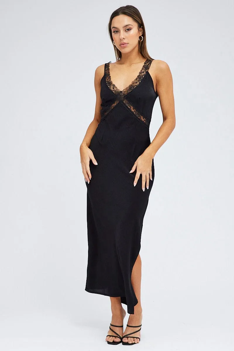Black Maxi Dress Sleeveless Satin Lace Trim sold by Ally Fashion product image thumbnail 3