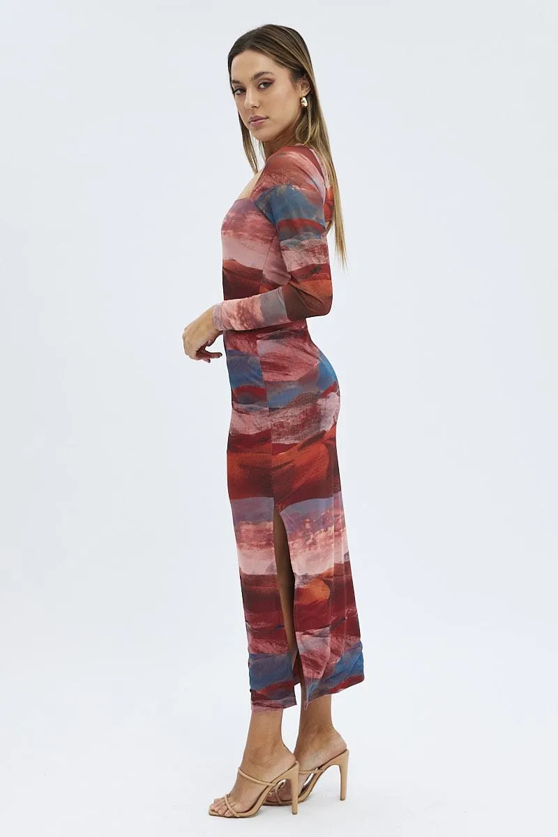 Multi Abstract Maxi Dress Long Sleeve Square Neck Mesh Bodycon sold by Ally Fashion product image thumbnail 4