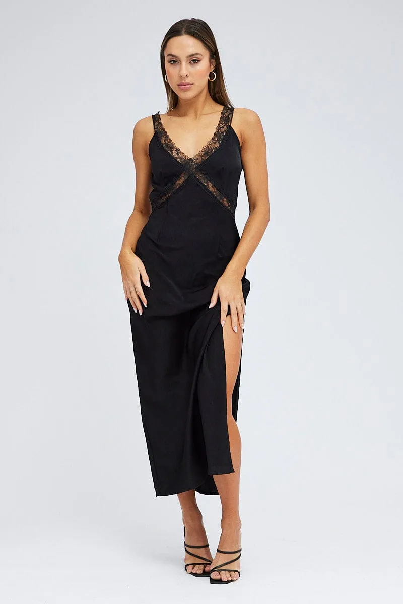 Black Maxi Dress Sleeveless Satin Lace Trim sold by Ally Fashion