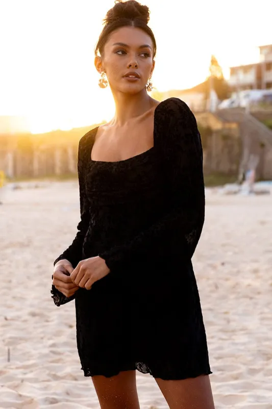 Black Mini Dress Long Sleeve Burnout sold by Ally Fashion