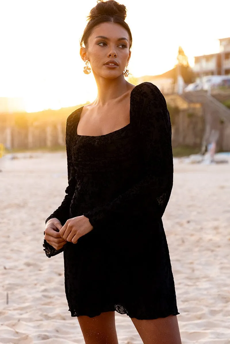 Black Mini Dress Long Sleeve Burnout sold by Ally Fashion