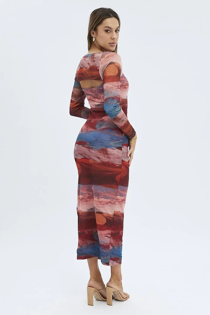 Multi Abstract Maxi Dress Long Sleeve Square Neck Mesh Bodycon sold by Ally Fashion product image thumbnail 5