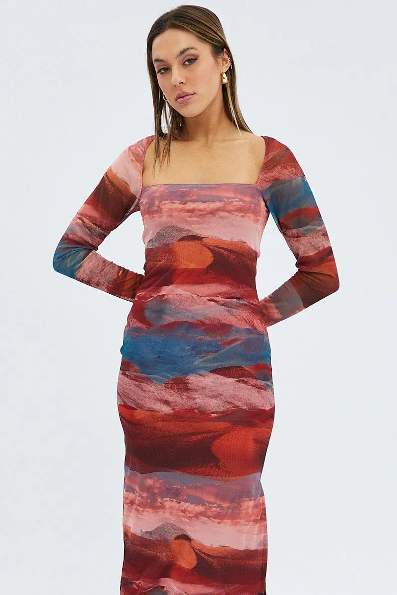 Multi Abstract Maxi Dress Long Sleeve Square Neck Mesh Bodycon sold by Ally Fashion product image thumbnail 2