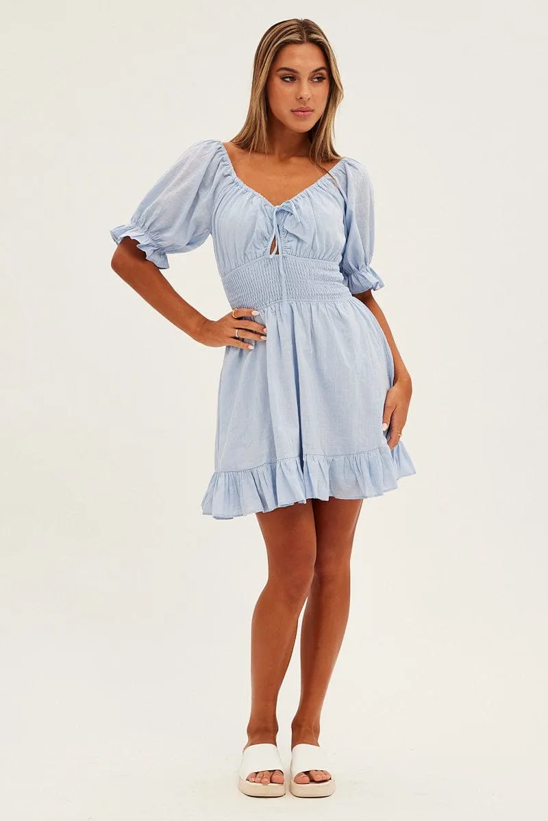 Blue Mini Dress Fit & Flare Puff Sleeve V-Neck sold by Ally Fashion product image thumbnail 2