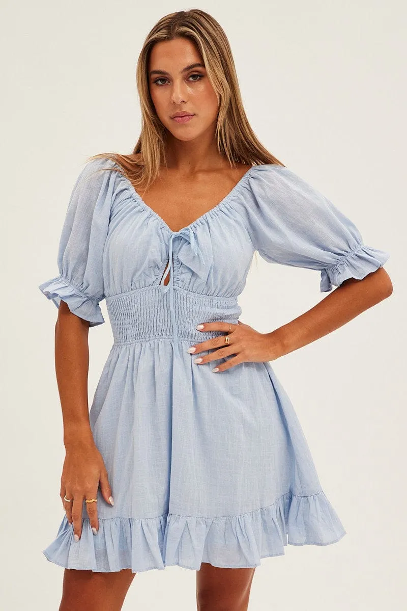 Blue Mini Dress Fit & Flare Puff Sleeve V-Neck sold by Ally Fashion product image thumbnail 3