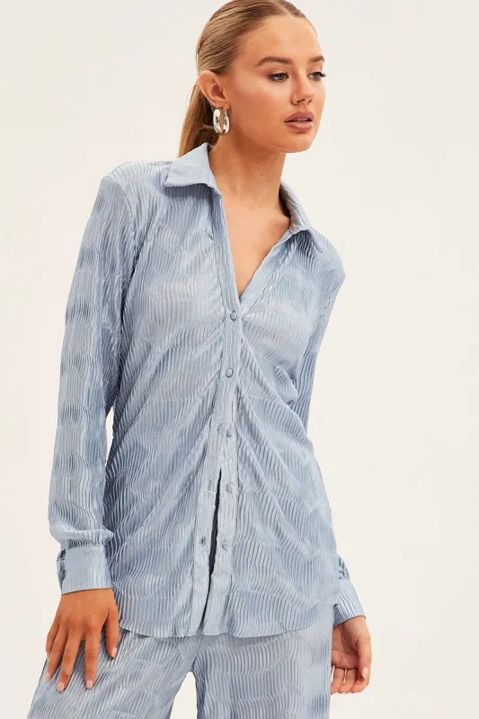 Blue Plisse Shirt Long Sleeve Collared Longline sold by Ally Fashion