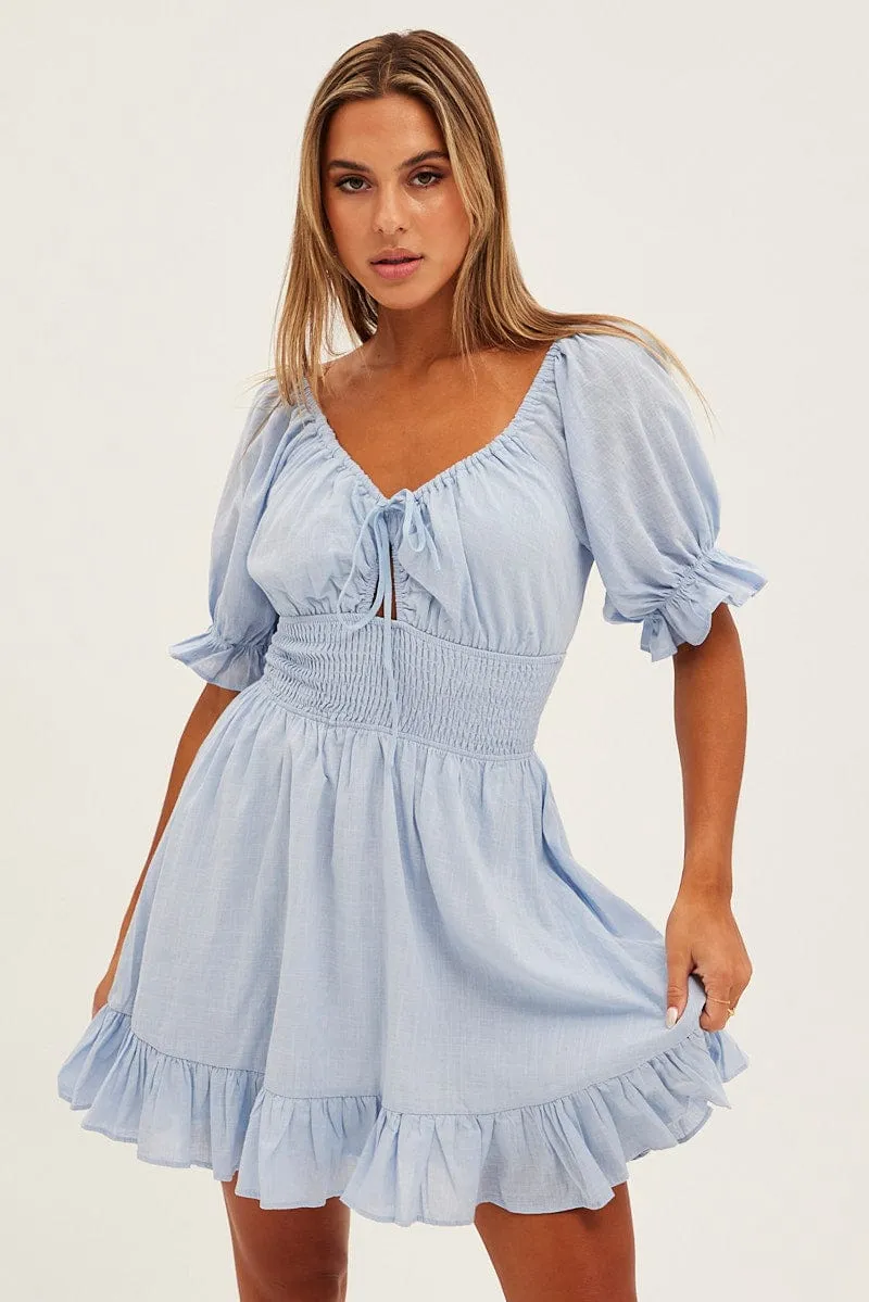 Blue Mini Dress Fit & Flare Puff Sleeve V-Neck sold by Ally Fashion