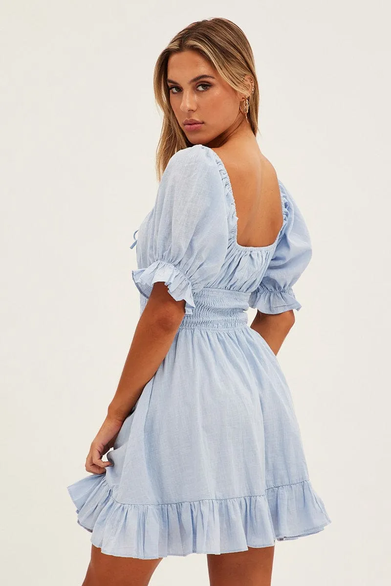 Blue Mini Dress Fit & Flare Puff Sleeve V-Neck sold by Ally Fashion product image thumbnail 5