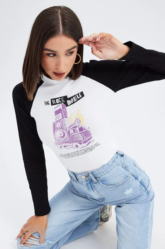 White Top Long Sleeve Crew Neck Longline Rock Graphic sold by Ally Fashion