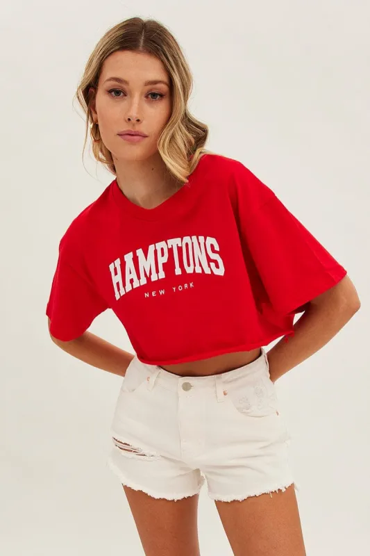 Red Crop T Shirt Short Sleeve Crew Neck Hamptons sold by Ally Fashion