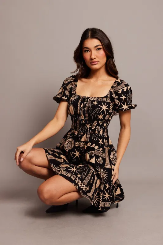Black Abstract Fit And Flare Dress Puff Sleeve Mini sold by Ally Fashion