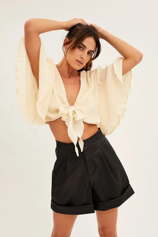 White Plisse Bolero Half Sleeve Tie Front Crop sold by Ally Fashion