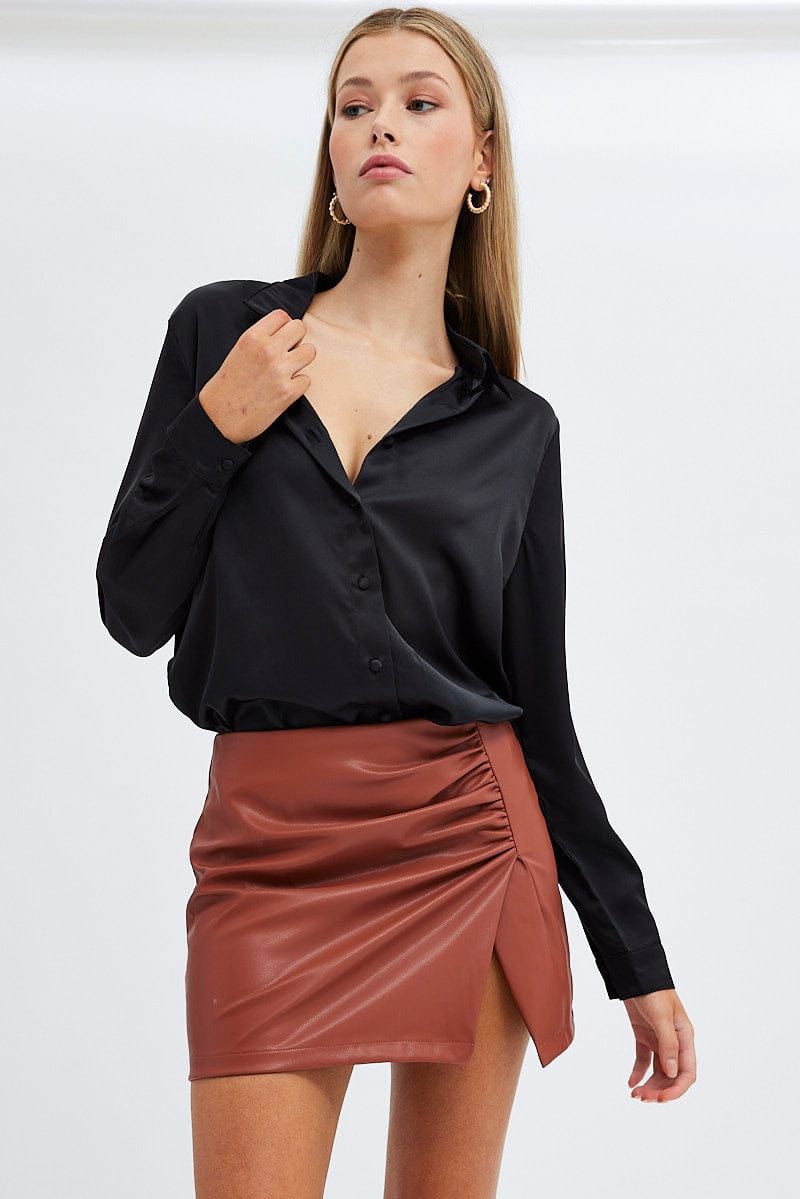 Black Shirt Long Sleeve Collared Longline Matte Satin sold by Ally Fashion product image thumbnail 3