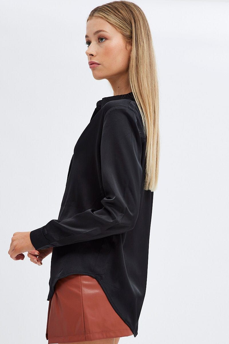 Black Shirt Long Sleeve Collared Longline Matte Satin sold by Ally Fashion product image thumbnail 4