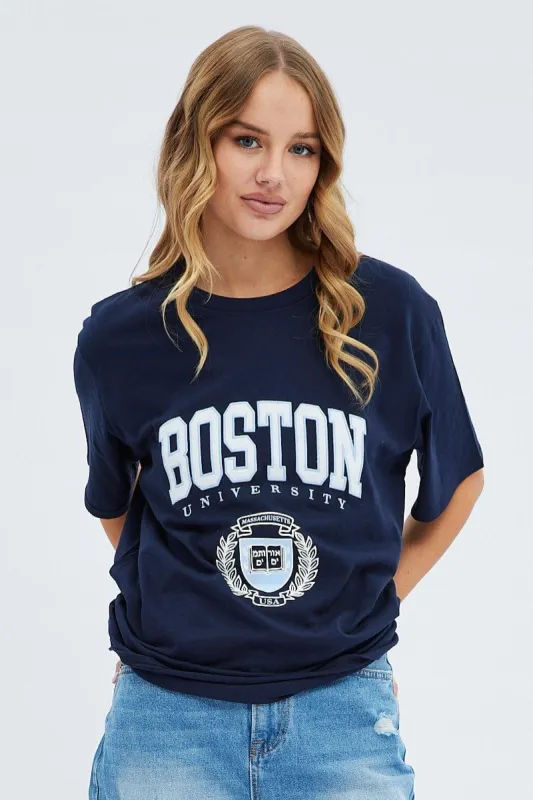 Blue Short Sleeve Boston Embroidered Tee sold by Ally Fashion